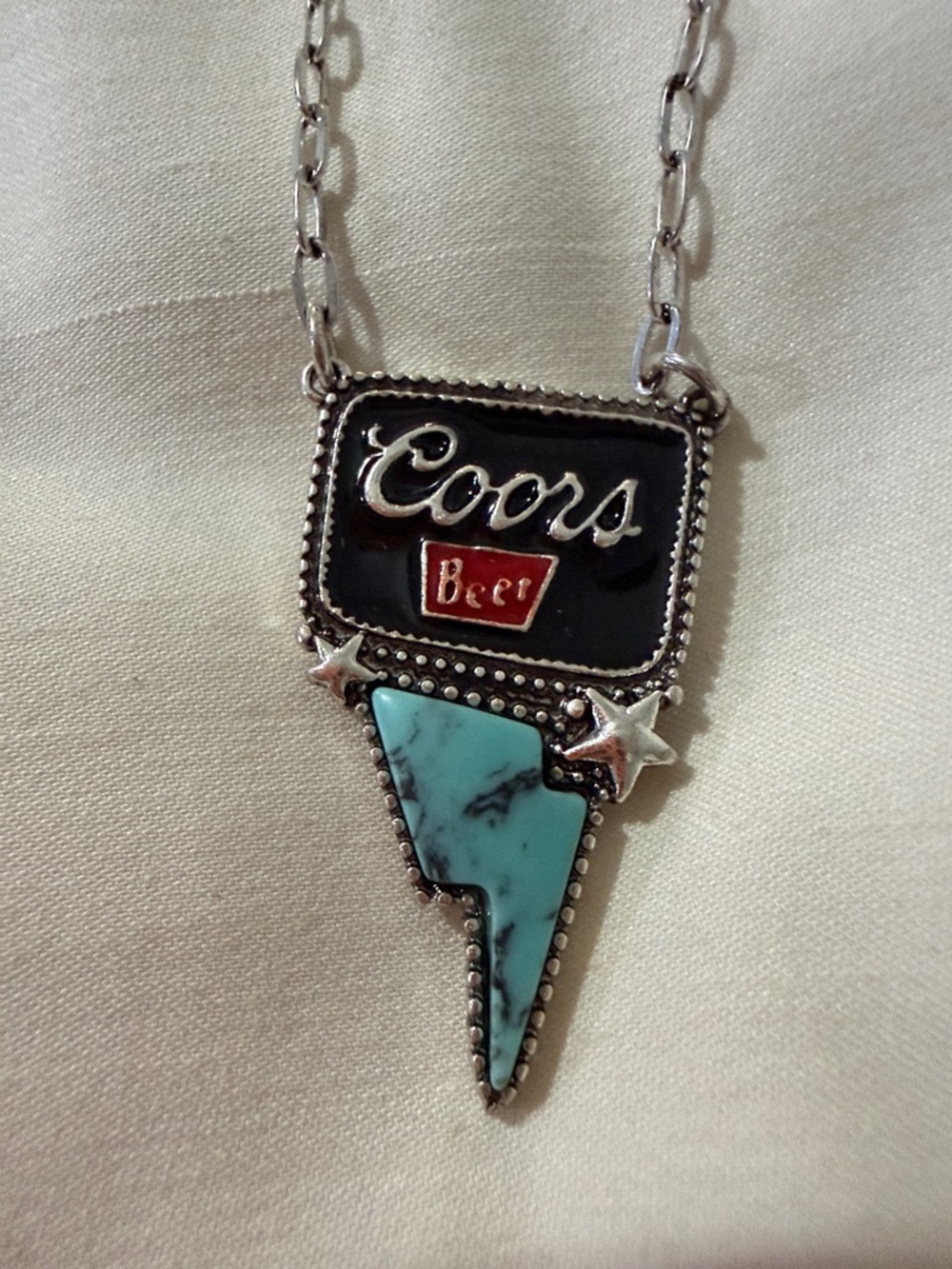 Black Red and Turquoise Coors Beer Pendant Necklace